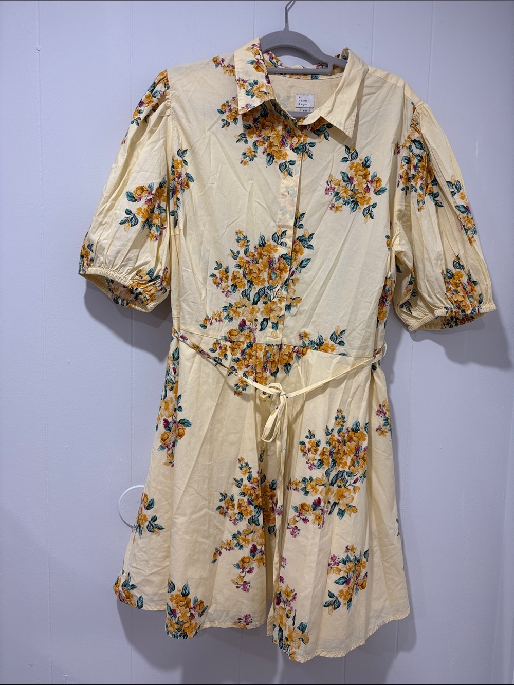A NEW DAY Cream Yellow Floral Tie-Waist Shirt Dress